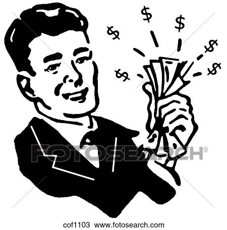 Drawing - A black and white version of a graphical illustration of a man with wads of cash. Fotosearch