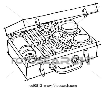Drawing - A black and white version of a full and luscious looking picnic basket. Fotosearch
