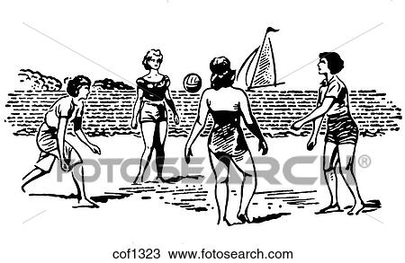 Drawing - A black and white version of a group of people playing beach volleyball. Fotosearch
