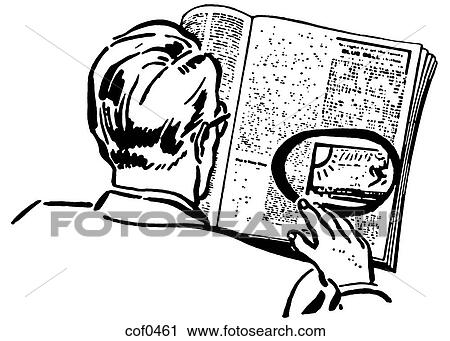 Clip Art - A black and white version of a man reading a newspaper with a particular advertisement circled. Fotosearch