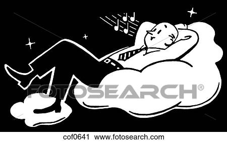 Clip Art - A black and white version of a man resting on a cloud. Fotosearch