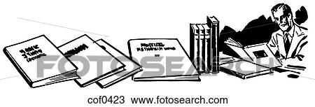 A black and white version of a man being almost lost in a desk of books View Large Illustration Drawing - A black and white version of a man being almost lost in a desk of books. Fotosearch