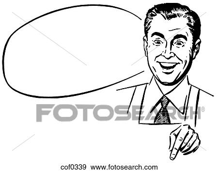 Stock Illustration - A black and white version of a man wearing a shirt an tie and an apron with an empty speech bubble behind him. Fotosearch