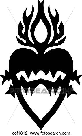 Drawing - A black and white version of a stencil of a heart in flames. Fotosearch