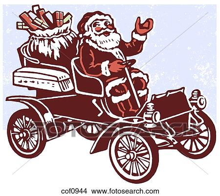 Stock Illustration - A black and white version of a Christmas inspired illustration of Santa in a car full of gifts. Fotosearch