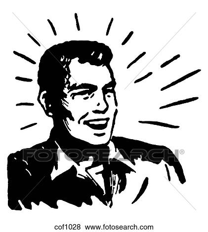 Stock Illustration - A black and white version of a graphical print of a happy looking man. Fotosearch