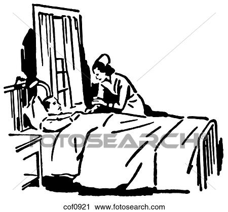 Clip Art - A black and white version of a vintage illustration of a nurse tending to a patient. Fotosearch