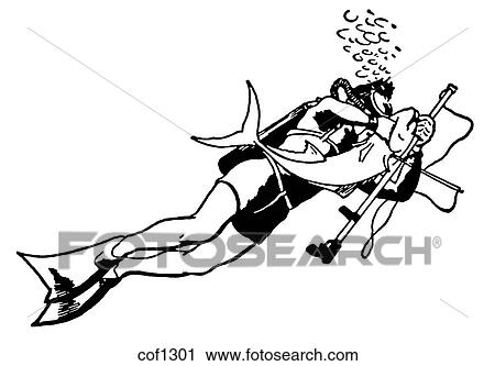 Clip Art - A black and white version of a vintage image of a person scuba diving. Fotosearch