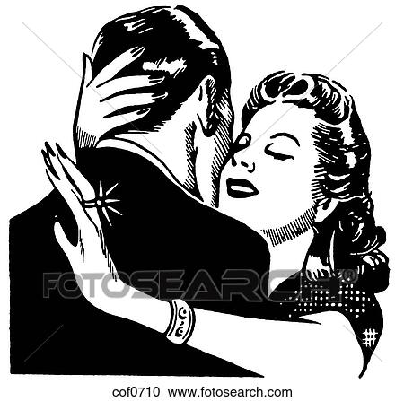 Clipart - A black and white version of a vintage illustration of a couple embracing. Fotosearch