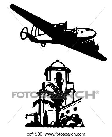 Clipart - A black and white version of a vintage illustration of an airplane flying over buildings. Fotosearch