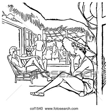Clipart - A black and white version of a vintage illustration of people relaxing on vacation. Fotosearch