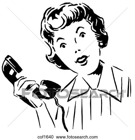 Clipart - A black and white version of a vintage image of a woman on the telephone. Fotosearch