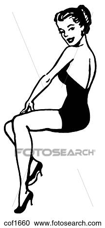 A black and white version of a vintage pin up girl Clipart | cof1660