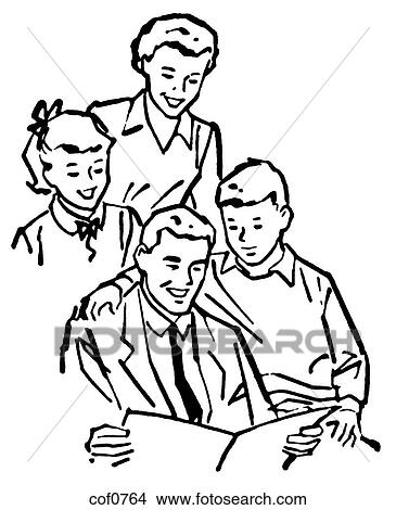 Stock Illustration - A black and white version of a vintage illustration of a family working together. Fotosearch
