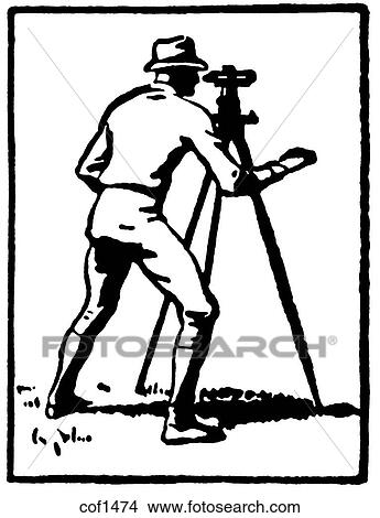 Stock Illustration - A black and white version of a vintage illustration of a man surveying the land. Fotosearch