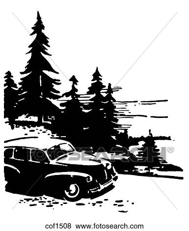 Stock Illustration - A black and white version of a vintage illustration of a classic car. Fotosearch