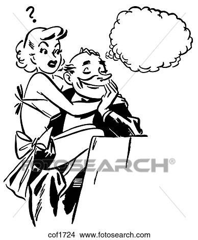 Stock Illustration - A black and white version of a vintage style graphic portrait of a woman clutching a man. Fotosearch