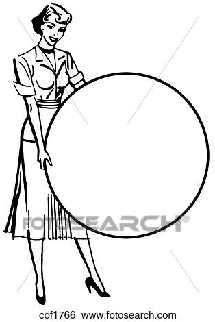 Stock Illustration - A black and white version of a vintage style portrait of a woman holding a sign. Fotosearch