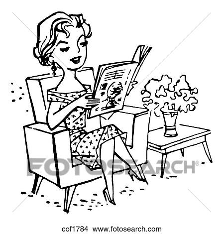 Stock Illustration - A black and white version of a vintage cartoon style image of a woman reading a paper. Fotosearch