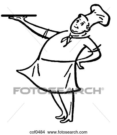 Stock Illustration - A black and white version of a woman stirring a double boiler on the stovetop. Fotosearch