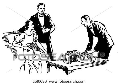 Stock Illustration - A black and white version of an old fashioned couple conversing over drinks. Fotosearch