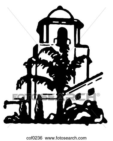 A black and white version of an illustration of a stone building with a large palm tree in the foreground View Large Illustration Stock Illustration - A black and white version of an illustration of a stone building with a large palm tree in the foreground. Fotosearch