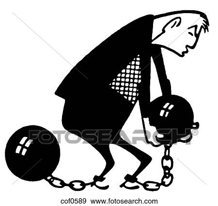 Stock Illustration - A black and white version of an illustration of a man carrying a ball and chain. Fotosearch