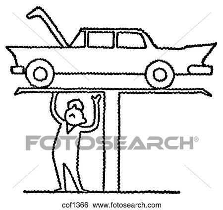 Stock Illustration - A black and white version of an illustration of a mechanic working on a car. Fotosearch