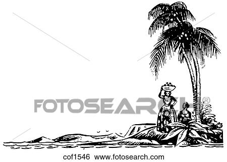 Stock Illustration - A black and white version of an illustration of Palm covered beaches. Fotosearch