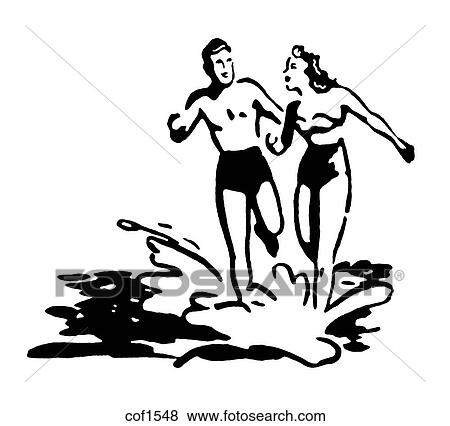 Stock Illustration - A black and white version of an illustration of a couple having fun in the sun on vacation. Fotosearch