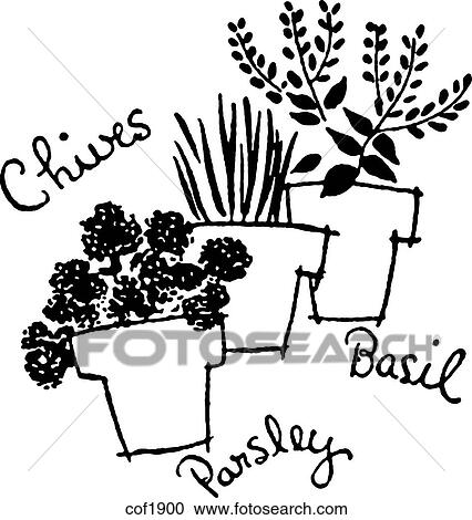 A black and white version of three pots of herbs View Large Illustration Clipart - A black and white version of three pots of herbs. Fotosearch