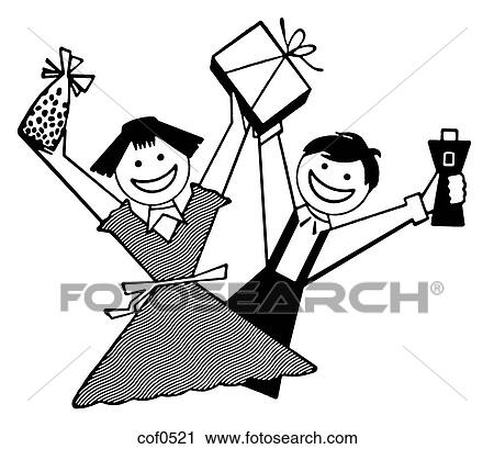 Clip Art - A black and white version of two children overjoyed with their gifts. Fotosearch
