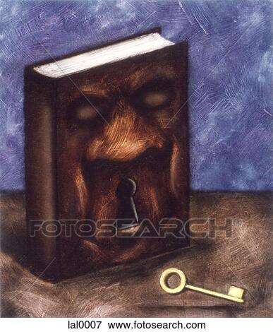 Stock Illustration - A book with a face drawn into the cover with a keyhole in place of a mouth and a gold key. Fotosearch