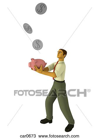 A businessman catching coins in a piggybank drawn in a 3D style View Large Illustration Drawing - A businessman catching coins in a piggybank drawn in a 3D style. Fotosearch