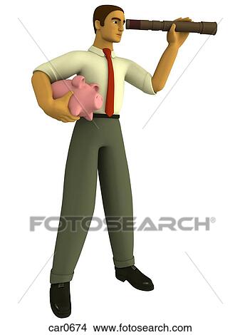 Stock Illustration - A businessman holding a piggybank and looking through a telescope drawn in a 3Dstyle. Fotosearch