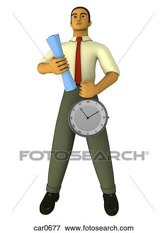 Stock Illustration - A businessman holding a stop watch and blueprints drawn in a 3Dstyle. Fotosearch