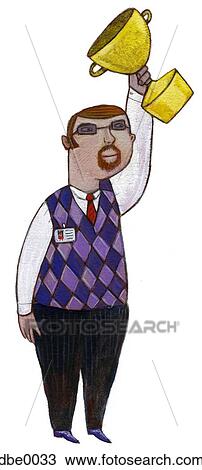 Drawing - A businessman holding up a trophy. Fotosearch