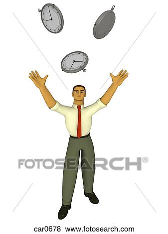 Stock Illustration - A businessman juggling three stop watches drawn in a 3D style. Fotosearch
