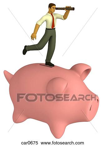 A businessman looking through a telescope standing on top of a piggybank drawn in a 3D style View Large Illustration Stock Illustration - A businessman looking through a telescope standing on top of a piggybank drawn in a 3D style. Fotosearch