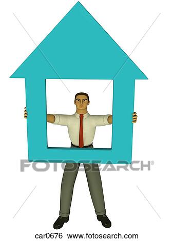 Stock Illustration - A businessman looking through a cardboard cutout of a house drawn in a 3D style. Fotosearch