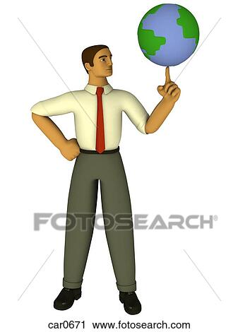 Clip Art - A businessman spinning a world globe on his finger illustrated in a 3D style. Fotosearch