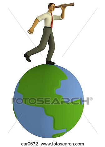 A businessman standing on top of a world globe and looking through a telescope illustrated In a 3D style View Large Illustration Drawing - A businessman standing on top of a world globe and looking through a telescope illustrated In a 3D style. Fotosearch