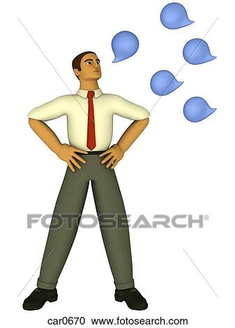 Clipart - A businessman surrounded by multiple speech bubbles drawn in a 3D style. Fotosearch