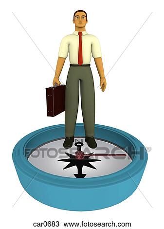 Drawing - A businessman with briefcase standing on top of a large compass illustrated in a 3D style. Fotosearch