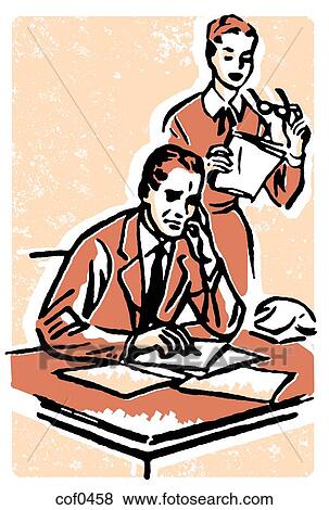 Stock Illustration - A businessman working at his desk with his secretary standing over him. Fotosearch