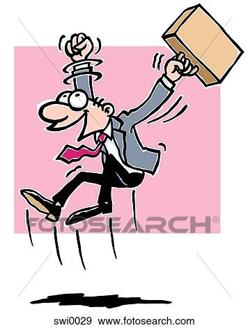 Stock Illustration - A cartoon drawing of a business man with a briefcase jumping happily in the air. Fotosearch