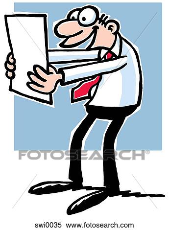 Stock Illustration - A cartoon drawing of a man dressed in a shirt and tie holding out a piece of paper in front of him. Fotosearch