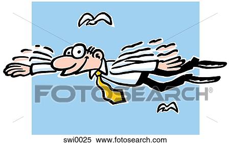 Stock Illustration - A cartoon drawing of a man flying in the sky. Fotosearch
