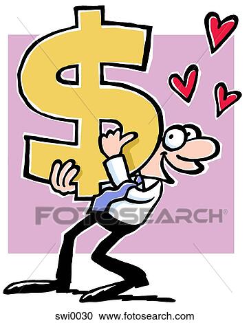 A cartoon drawing of a man holding an oversize dollar symbol with hears floating around him View Large Illustration Clipart - A cartoon drawing of a man holding an oversize dollar symbol with hears floating around him. Fotosearch