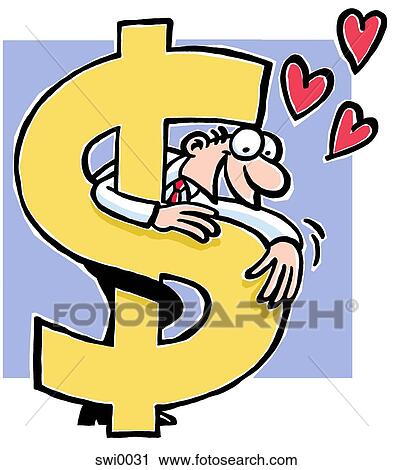 A cartoon drawing of a man hugging an over sized dollar symbol with hearts floating around him View Large Illustration Clip Art - A cartoon drawing of a man hugging an over sized dollar symbol with hearts floating around him. Fotosearch